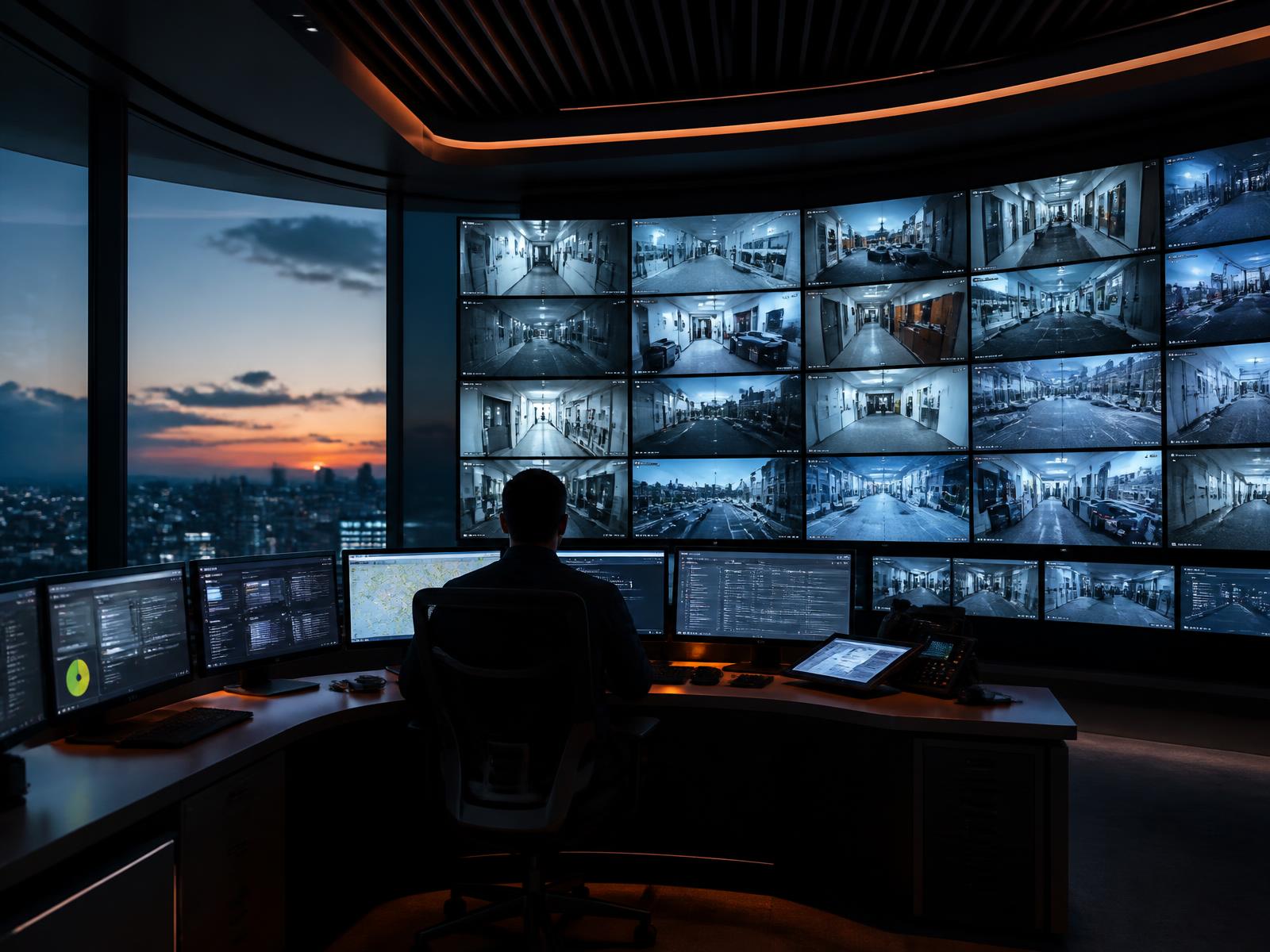 Security operations center with a wall of live surveillance feeds